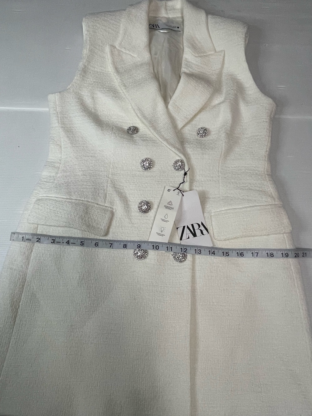 Zara White Tweed Textured Vest Waistcoat Blazer Dress Rhinestone Buttons Size L - Picture 8 of 11